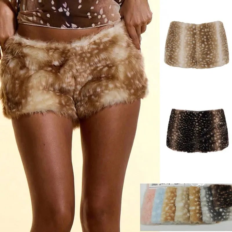 New Breathable Straight Low Rise Shorts Animal Print Contrast Faux Fur Trim Sexy Hot Girl Fashion - Zeprah