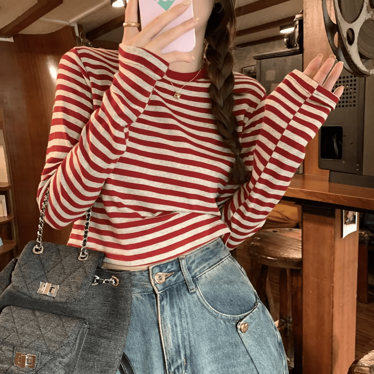 New Contrast Color Striped Women's Long - Sleeve T-Shirt | Casual Slimming Crew Neck Short Top - Zeprah