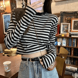 New Contrast Color Striped Women's Long - Sleeve T-Shirt | Casual Slimming Crew Neck Short Top - Zeprah