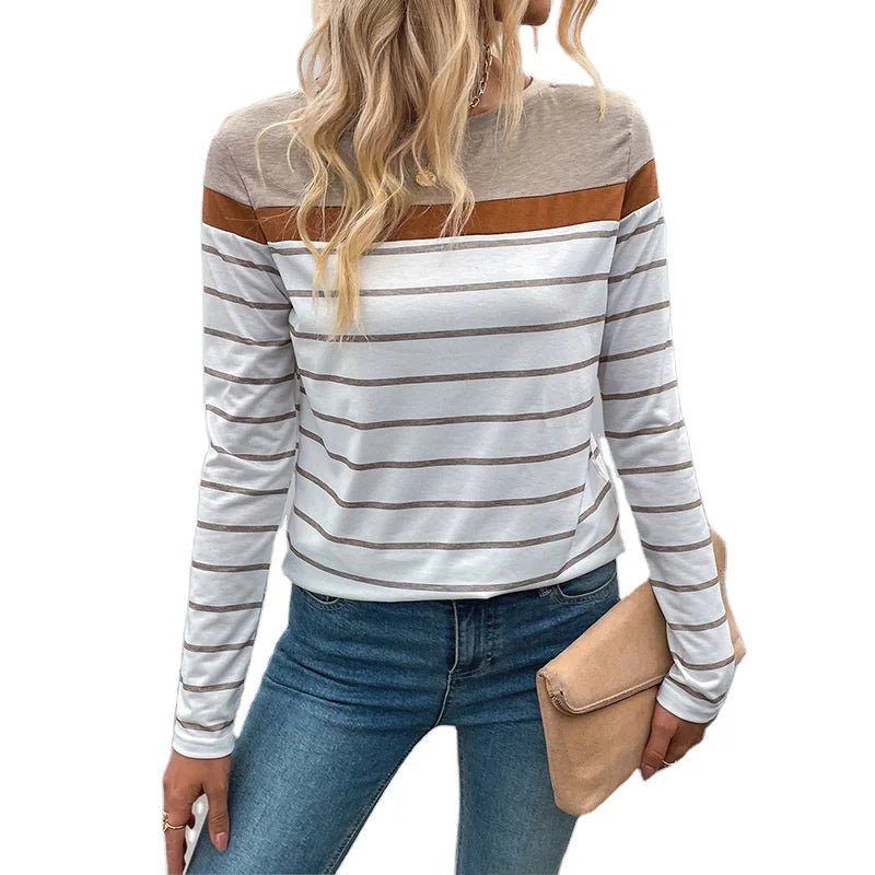 New Cute Retro Simple Style Striped Long - sleeved Polyester T-shirt Women's Inner Wear - Zeprah