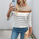 New Cute Retro Simple Style Striped Long - sleeved Polyester T-shirt Women's Inner Wear - Zeprah