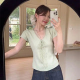 New Design Short Sleeve Top Lace up Tie - up Design T-shirt for Women Simple Popular Women's T-shirts - Zeprah