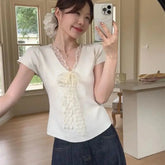 New Design Short Sleeve Top Lace up Tie - up Design T-shirt for Women Simple Popular Women's T-shirts - Zeprah