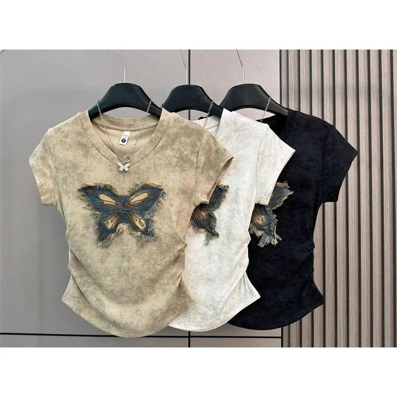 New Design Summer Short - sleeved T-shirt Women's Butterfly Embroidered Denim Pic Design Unique Tops for Women - Zeprah