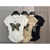 New Design Summer Short - sleeved T-shirt Women's Butterfly Embroidered Denim Pic Design Unique Tops for Women - Zeprah