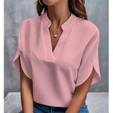 New Design Women's T-shirts V - neck Solid Casual Short - sleeved Blouse Versatile Tops for Women - Zeprah