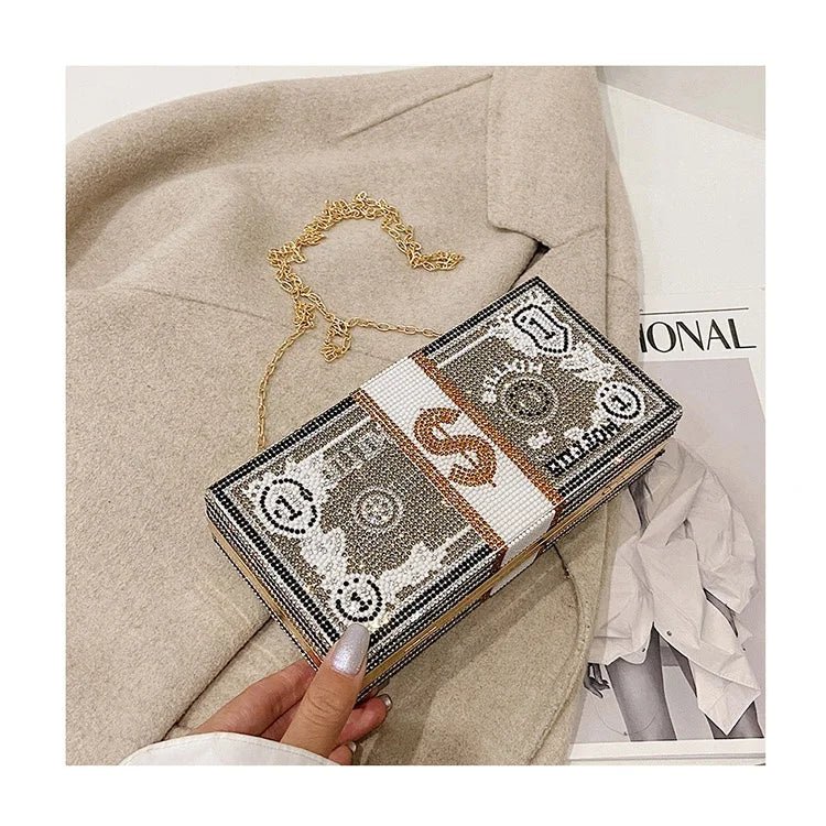 New Dinner Party Fashion Bags Dollar Money Shoulder Bag for Women Luxury Mini Box Purses Handbags Rhinestone Evening Clutches - Zeprah