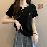 New Embroidered V - Neck Short - Sleeved T-Shirt Women's Sweet Spice Girl Casual T-Shirts - Zeprah