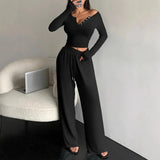 New European & American Spring - Autumn Cropped Slim - Fit V - Neck Button Long - Sleeve T-Shirt & Wide - Leg Pants Set - Zeprah
