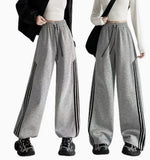 New Fall American Style Side Stripe Pants High Waisted Slimming Drawstring Ankle Wide Leg Trousers - Zeprah