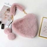 New Fashion Lovely Plush Heart - shaped Bag Female Plush Love Portable Chain Peach Heart Bag Tote Bag for Women - Zeprah