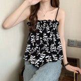 New French Chic Vintage Strap Tank Top Summer Elegant Spice Girls Wear Flower Floral Sleeveless Short Camisoles - Zeprah