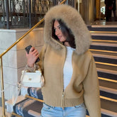 New Furry Breathable 100% Polyester Crocheted Winter Hooded Cardigan Women Simple Style Solid Knit Zip up Casual Sweater - Zeprah