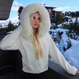 New Furry Breathable 100% Polyester Crocheted Winter Hooded Cardigan Women Simple Style Solid Knit Zip up Casual Sweater - Zeprah