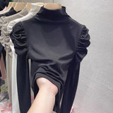 New Half Turtleneck Bottom Top Solid Color Bubble Sleeve Long Sleeve T-shirt Woman - Zeprah