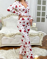 New Heart Pattern Homewear Set Long Pants Soft Skin - Friendly Comfortable Women's Pajamas Elastic Waist Autumn - Zeprah