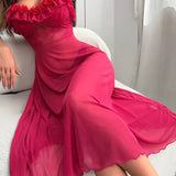 New Home Fun Strap Long Nightgown with Three - Dimensional Lace Solid Color Elegant Autumn Off - The - Shoulder Girly Style - Zeprah