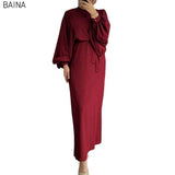 New Lantern Sleeve Bundle Waist Pack Hip Abayas Round Neck Muslim Women's Dress - Zeprah