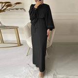 New Lantern Sleeve Bundle Waist Pack Hip Abayas Round Neck Muslim Women's Dress - Zeprah