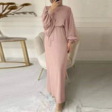 New Lantern Sleeve Bundle Waist Pack Hip Abayas Round Neck Muslim Women's Dress - Zeprah