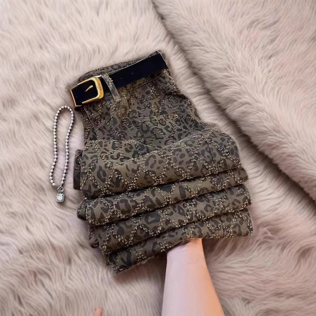 New Leopard Print High - Waisted Denim Pants Women's Retro Casual Long Pants Jeans - Zeprah