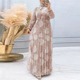 New Middle East Dubai Women's Leaf Print Pleated Waist Muslim Dress - Zeprah
