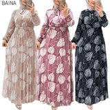 New Middle East Dubai Women's Leaf Print Pleated Waist Muslim Dress - Zeprah