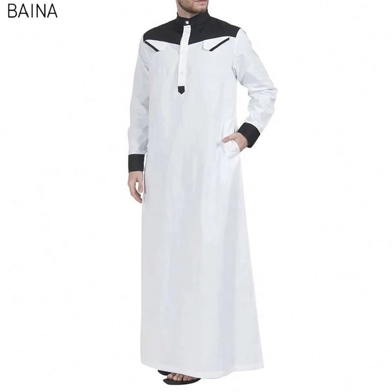 New Muslim Arabic Men Clothing Loose Stand Collar Patchwork Long Sleeves Abaya Robe Middle East Islamic Dubai Thobe - Zeprah