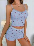 New Printed Large Pit Striped Summer Women's Drawstring Set Shorts Strawberry Printed Two - piece Lace Set - Zeprah