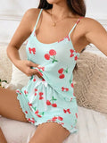 New Sexy European and American Style Nightdress Camisole Homewear Elastic Waist Cherry Print Two - Piece Set - Zeprah