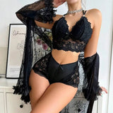 New Sexy Lingerie Nightgown Set for Women Summer Lace Elastic Waist Solid Robe Coat Homewear - Zeprah