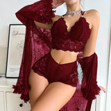 New Sexy Lingerie Nightgown Set for Women Summer Lace Elastic Waist Solid Robe Coat Homewear - Zeprah