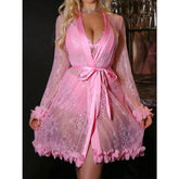New Sexy Lingerie Nightgown Set for Women Summer Lace Elastic Waist Solid Robe Coat Homewear - Zeprah