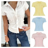 New Solid Button Eco - Friendly Breathable Schoolgirl Style Sweet Summer Blouse Women Accordion Pleated Short Sleeve Shirt - Zeprah