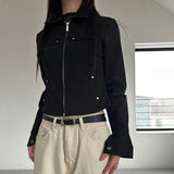 New Style Women's Black Utility Motorcycle Jacket, Fall Zip Pocket Cargo Coat Open Front Cardigan - Zeprah