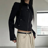 New Style Women's Black Utility Motorcycle Jacket, Fall Zip Pocket Cargo Coat Open Front Cardigan - Zeprah
