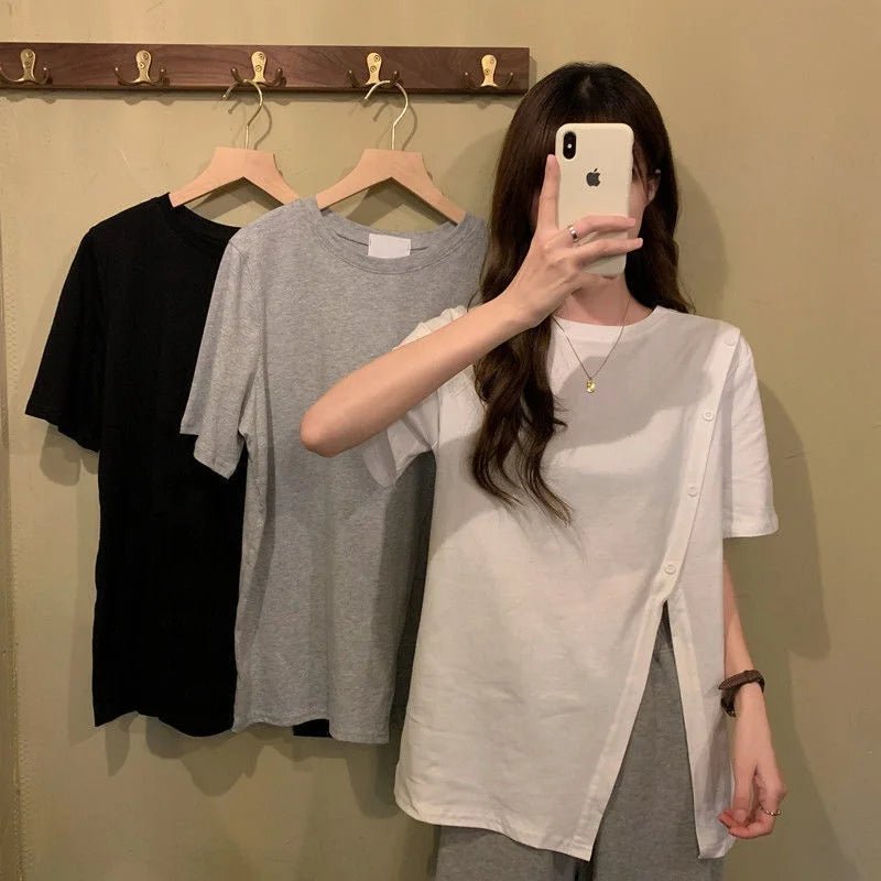 New Summer T-shirt Women's Solid Color French Style Split Irregular Loose Mid - length Women's Short - sleeved T-shirt - Zeprah