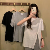 New Summer T-shirt Women's Solid Color French Style Split Irregular Loose Mid - length Women's Short - sleeved T-shirt - Zeprah