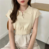 New Summer Trendy Simple Short - Sleeved V Neck T-Shirt Short Knitted High Waist Crop Top - Zeprah