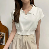 New Summer Trendy Simple Short - Sleeved V Neck T-Shirt Short Knitted High Waist Crop Top - Zeprah