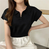 New Summer Trendy Simple Short - Sleeved V Neck T-Shirt Short Knitted High Waist Crop Top - Zeprah