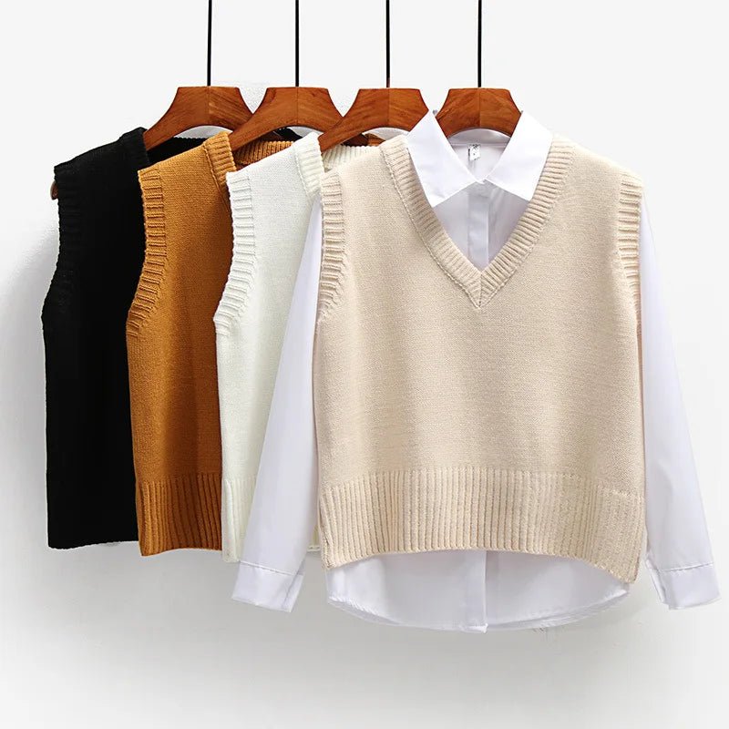 New V - neck Sweater Vest Spring and Autumn College Style Ladies Waistcoat Literary Short Loose Vest Women's Knitted Tops - Zeprah