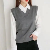 New V - neck Sweater Vest Spring and Autumn College Style Ladies Waistcoat Literary Short Loose Vest Women's Knitted Tops - Zeprah