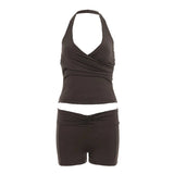 New Women 2 Piece Set V Neck Halter Crop Top Shorts Knee Skinny Knitting Casual Breathable Quick - Dry Spring/Summer - Zeprah