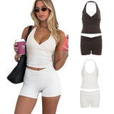 New Women 2 Piece Set V Neck Halter Crop Top Shorts Knee Skinny Knitting Casual Breathable Quick - Dry Spring/Summer - Zeprah