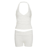 New Women 2 Piece Set V Neck Halter Crop Top Shorts Knee Skinny Knitting Casual Breathable Quick - Dry Spring/Summer - Zeprah