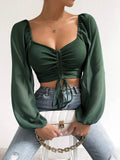 New Women Sexy Drawstring Crop T-Shirt V Neck Long Sleeve Ruched Blouse Spring Summer Casual Top - Zeprah
