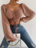 New Women Sexy Drawstring Crop T-Shirt V Neck Long Sleeve Ruched Blouse Spring Summer Casual Top - Zeprah