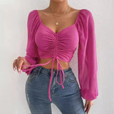 New Women Sexy Drawstring Crop T-Shirt V Neck Long Sleeve Ruched Blouse Spring Summer Casual Top - Zeprah