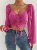 New Women Sexy Drawstring Crop T-Shirt V Neck Long Sleeve Ruched Blouse Spring Summer Casual Top - Zeprah